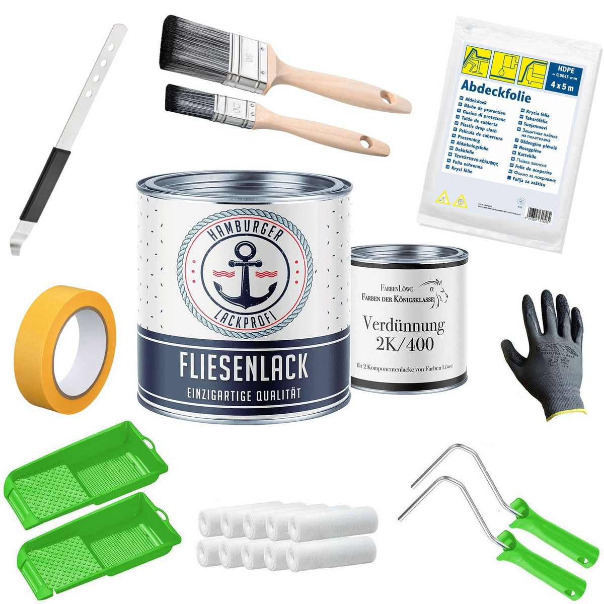 Hamburger Lack-Profi Lacke & Beschichtungen Fliesenfarbe Rundumsorglos-Set - Fliesenlack ohne Schleifen inkl. Zubehör XXL - Hamburger Lack-Profi